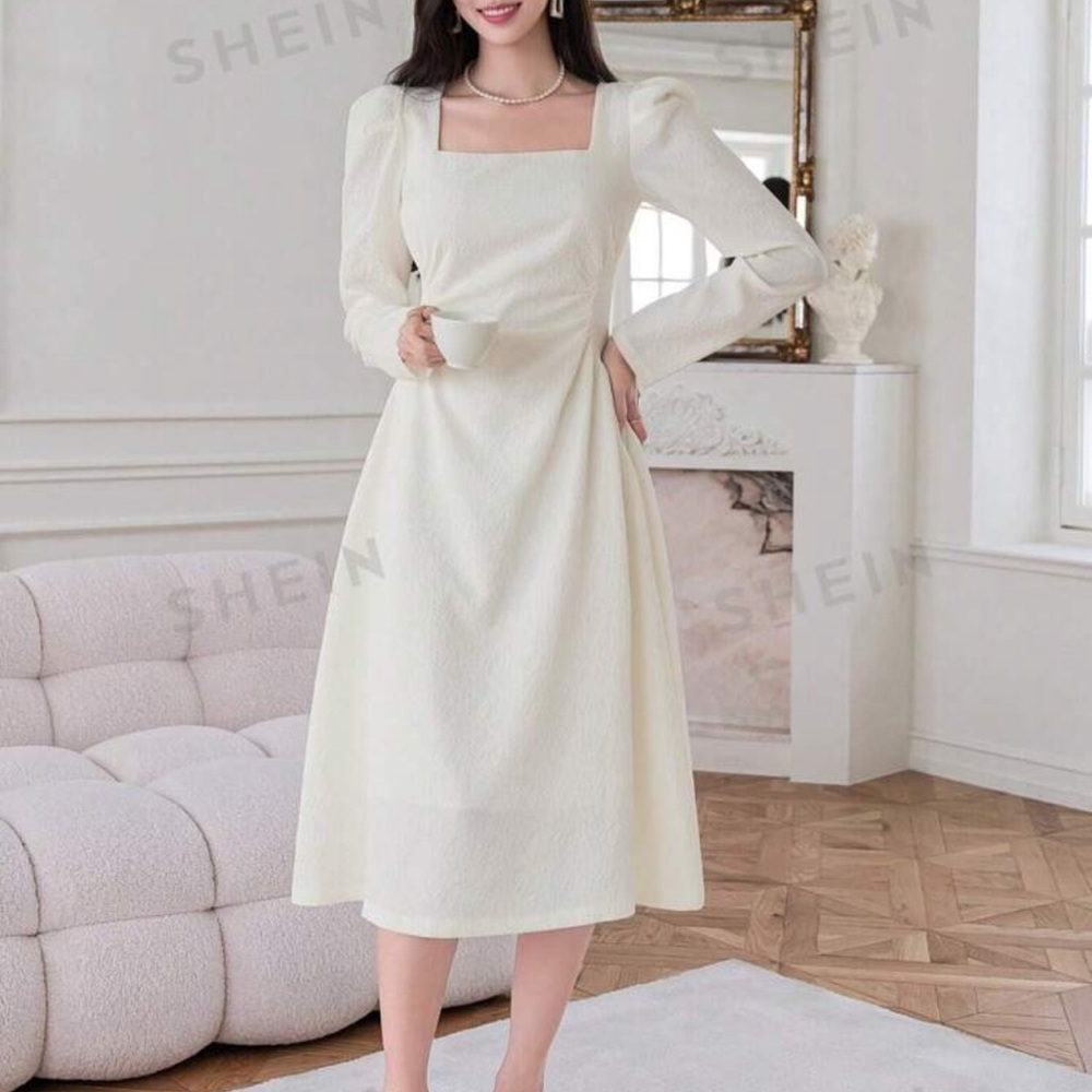 Square neck textured dress. Great for a courthouse wedding or bridal shower.